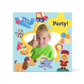 Προσωποποιημένη γαλάζια πρόσκληση για παιδικό πάρτι με παιχνίδια και φωτογραφία  για αγόρι