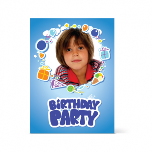 Πρόσκληση γενεθλίων με πολύχρωμα δωράκια και μπαλόνια